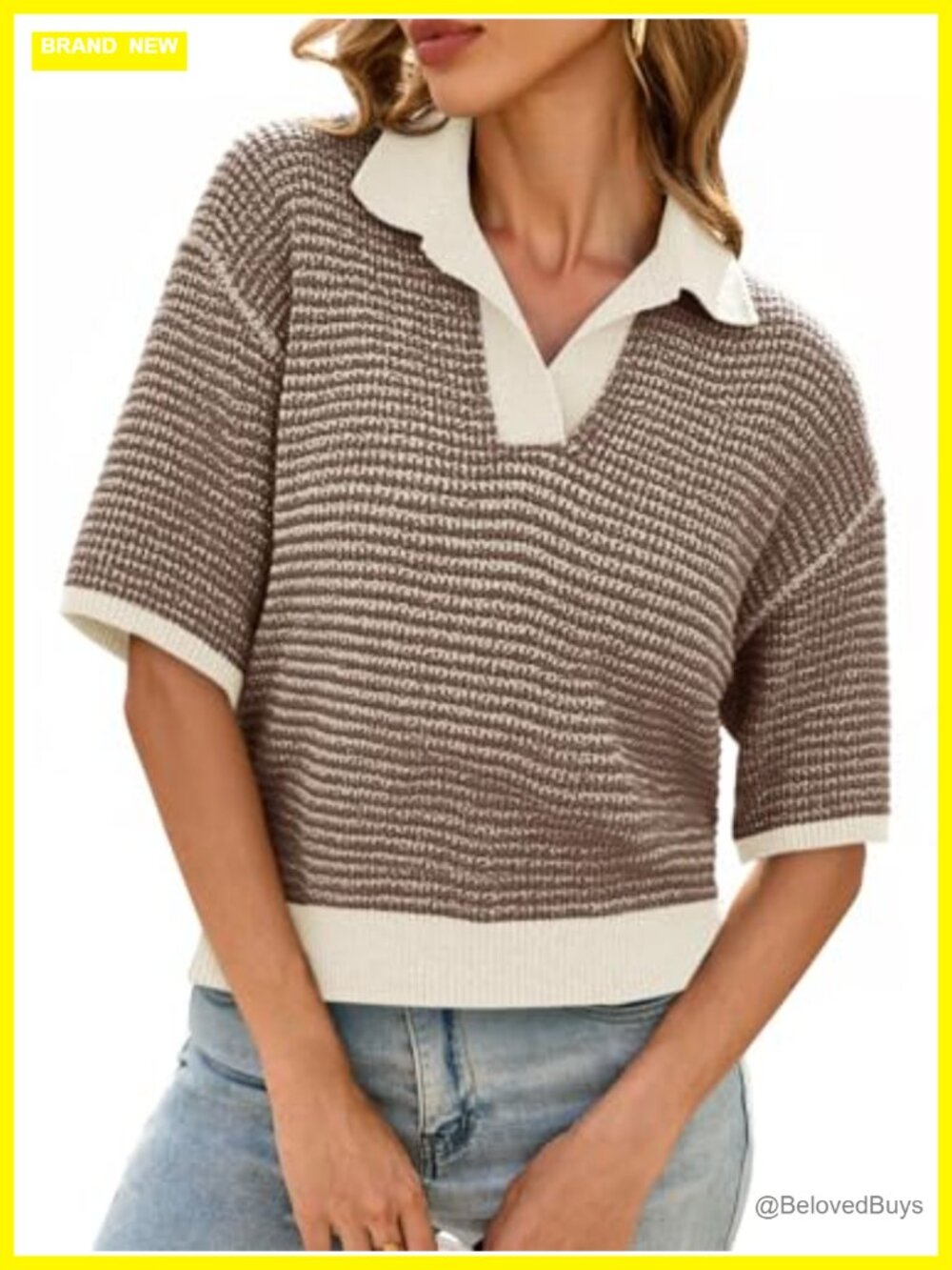 Womens Cropped Knit Sweater Short Sleeve V-Neck Striped Pullover Top